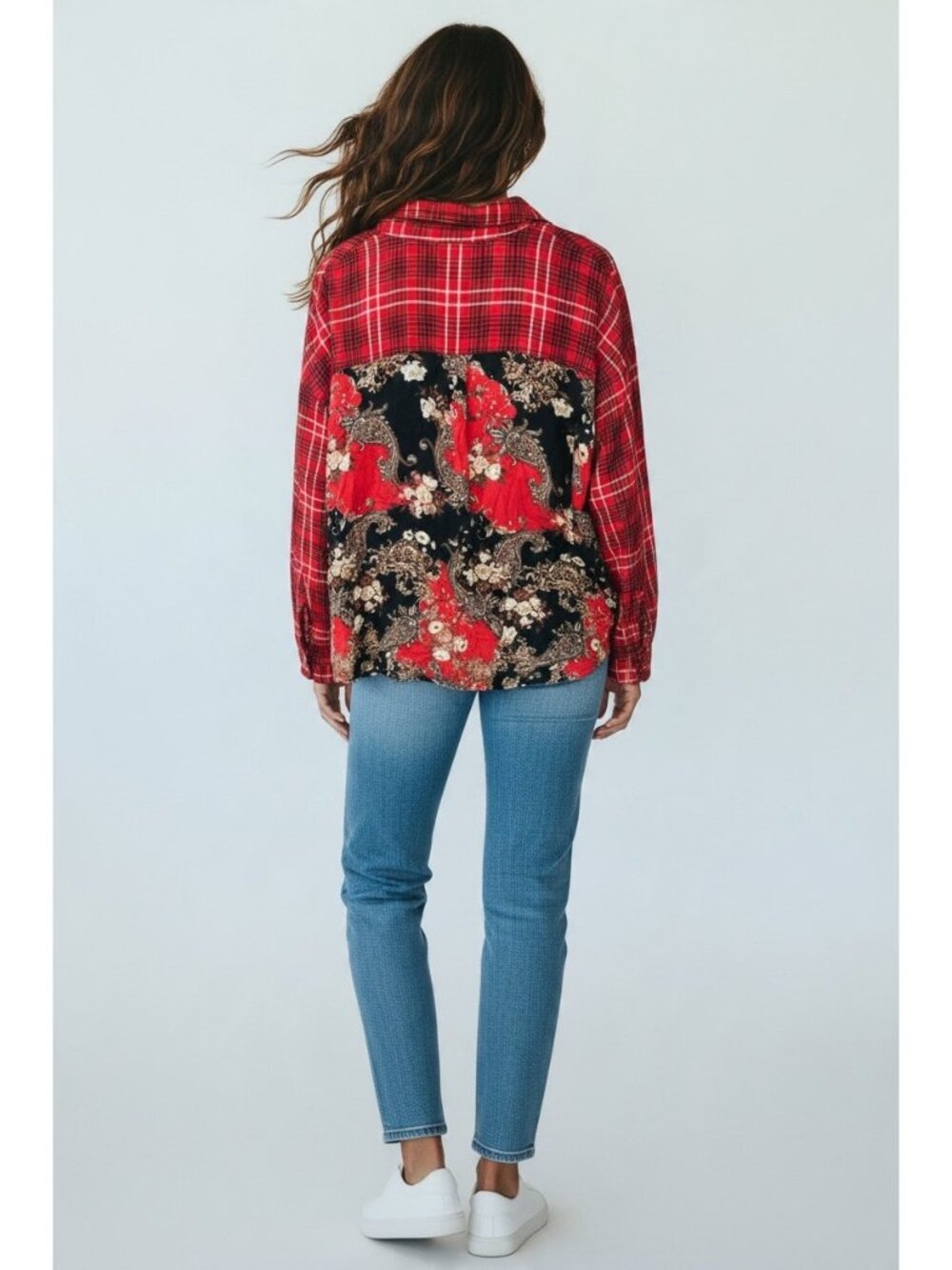 Cato XL Red Plaid Floral Paisley Patchwork Back Boho Tunic Blouse